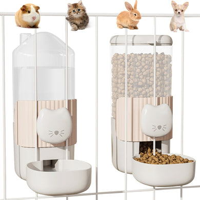 34oz Hanging Automatic Cat Food and Water Dispenser, 1L Auto Gravity Pet Feeder Set, Cage Cat Dog Feeder for Kitten Puppy Bunny Guinea Pig (Milk Coffee)