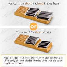 Load image into Gallery viewer, Bambüsi In-Drawer Knife Block - Bamboo Knife Drawer Organizer for Kitchen - Fits 5 Long + 6 Short Knives - Store Knives with Blades Pointing Down - Wooden Steak knife Holder without Knives