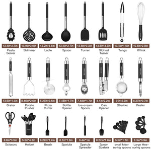 Kitchen Utensils Set-Silicone Cooking Utensils-33pcs Non-Stick Silicone Cooking Kitchen Utensils Spatula Set with Holder-Best Kitchen Cookware with Stainless Steel Handle (Khaki)