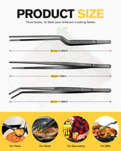 Load image into Gallery viewer, Fine Cooking Tweezers Set, Professional Stainless Steel Food Tongs, Kitchen Black Long Chef Tweezer for Cooking, Plating, Decorating and BBQ (BLACK, 10 inch)