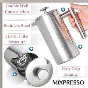 Mixpresso Stainless Steel French Press Coffee Maker 27 Oz 800 ml, Double Wall Insulated French Press Stainless Steel & Tea Brewer Easy Clean & Easy Press Strong Quality Metal Coffee Press.