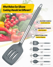 Load image into Gallery viewer, Pack of 4 Silicone Cooking Utensils Set, Non Stick Large Solid Spatulas, Heat Resistant Black Slotted Spoons, Ideal BPA Free Kitchen Turners for Frying, Mixing,Serving,Draining,Turning,Stirring