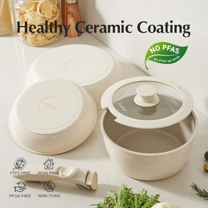 Redchef 32pcs Ceramic Pots and Pans Set Non Stick, Nonstick Kitchen Cookware Set with Detachable Handle, Non Toxic, PFAS PFOA & PTFE Free, RV Ceramic Cookware Set for Camping, Dishwasher/Oven Safe