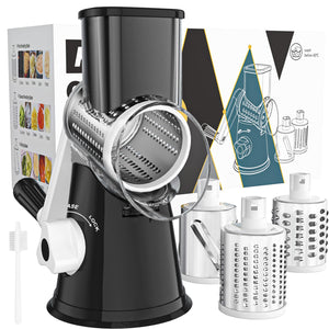 Rotary Cheese Grater Hand Crank Cheese Shredder for Fresh Cheese, Vegetable, Nuts,Non-slip Suction Base, Free Cleaning Brush Three Blades, Black