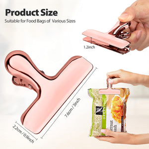 Pack of 8 Bag Clips, Stainless Steel and Heavy Duty Metal Bag Clip,Tightly Seals Chip, Coffee, Bread or Cereal Bags to Keep Food Fresh, for Home, Kitchen, Office, Pantry, Camping (Rose Gold)