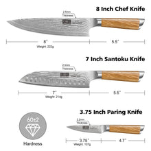 Load image into Gallery viewer, Damascus Kitchen Knife Set 3-Piece, Ultra Sharp 8&quot; Chef Knife, 7&quot; Santoku Knife, 3.75&quot; Paring Knife, Professional VG-10 Damascus Super Steel Chef Knife Set with Ergonomic Handle