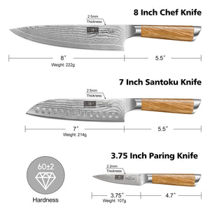 Damascus Kitchen Knife Set 3-Piece, Ultra Sharp 8" Chef Knife, 7" Santoku Knife, 3.75" Paring Knife, Professional VG-10 Damascus Super Steel Chef Knife Set with Ergonomic Handle