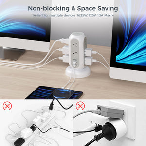 Tower Power Strip Flat Plug with 11 Outlets 3 USB (1 USB C), TESSAN Surge Protector Tower 1625W/13A,1050J Protection, 6 Feet Extension Cord with Multiple Outlets, Office Desk Supplies, Dorm Essentials