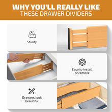 Load image into Gallery viewer, 6 Pack Drawer Dividers 6 Inch High, 11”-17&quot; Adjustable Bamboo Organizers Large Expandable Drawer Separators for Cloths, Dresser, Bedroom, Bathroom, Baby Drawer, Office &amp; Kitchen Utensils (Natural)