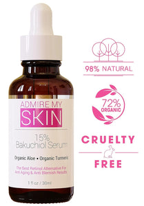 Admire My Skin Bakuchiol Serum Natural Retinol Serum Alternative for Face – Anti Blemish Anti Aging Facial Serum Contains Organic Aloe + Turmeric 1oz