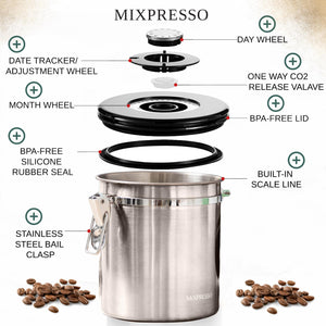 Mixpresso Green Coffee Canister, 16oz Airtight Stainless Steel Kitchen Food Storage Container with Clear Lid and Spoon. for Grounds Coffee, Beans, Tea, Flour, Cereal, Vacuum Sealed Sugar Container