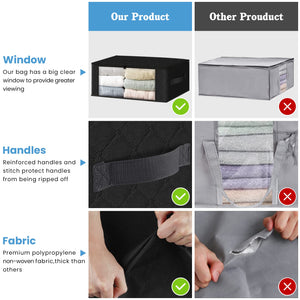 HomeHacks Storage 3-Pack Clothes Organizer Storage Bags Foldable Storage Box with Large Clear Window Sturdy Handles for Closet, Dorm, Pillows, Bedding, Clothes, Blankets, 35L, Gray