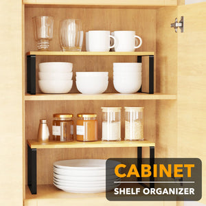 SpaceAid Cabinet Shelf Organizers 2 Pack, Kitchen Counter Rack Shelves Riser, Stackable Expandable Spice Rack, Pantry Cupboard Storage Organization (Black and Natural, Short)