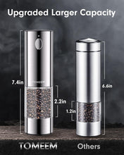 Load image into Gallery viewer, Upgraded Larger Capacity Electric Salt and Pepper Grinder Set Rechargeable with LED lights, Stainless Steel Automatic Pepper and Salt Grinder Refillable with 5 Adjustable Coarseness