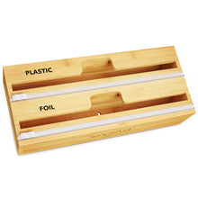 Load image into Gallery viewer, SpaceAid WrapNeat 3 in 1 Wrap Organizer with Cutter and Labels, Plastic Wrap, Aluminum Foil and Wax Bamboo Dispenser for Kitchen Storage Organization Holder for 12&quot; Roll (Natural)