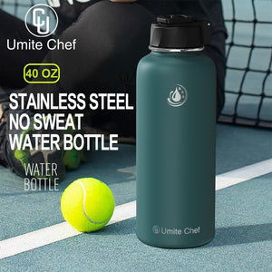 Umite Chef Water Bottle, Vacuum Insulated Wide Mouth Stainless-Steel Sports Water Bottle with New Wide Handle Straw Lid,Hot Cold, 18 oz Double Walled Thermos Mug(Mint Green)