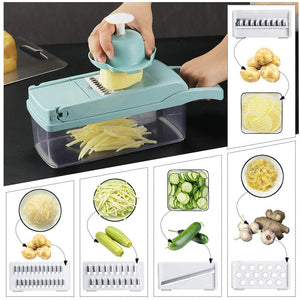Vegetable Chopper, Multifunctional Vegetable Cutter Onion Chopper Mandoline Slicer Dicer with Colander Basket and Container 8 Interchangeable Blades