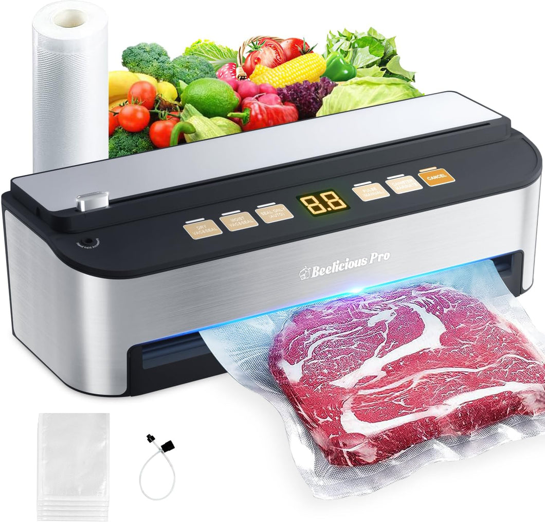 Vacuum Sealer Machine, Beelicious® 85KPA Fully Automatic 8-IN-1 Food Sealer with Bags Storage, Build-in Cutter