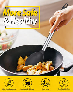 Pack of 2 Large Silicone Cooking Spoon Non Stick Solid Basting Spoons Heat-Resistant Kitchen Utensils for Mixing Serving (Gray-Blue)