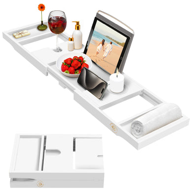 Bathtub Tray Caddy - Premium Bamboo Expandable Bath Tub Tray Table, Luxurious Wooden Bath Caddy for Books, Tablets, Wine, Bathroom Accessories, Spa Essentials, Housewarming, Wedding