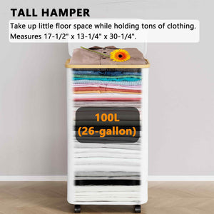 SpaceAid Laundry Hamper with Lid, 110L Large Tall Clothes Basket Bin with Bamboo Handles, Collapsible Laundry Hamper for Bedroom, Bathroom, Dorm, Laundry Room - Black