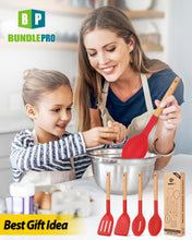 Load image into Gallery viewer, Pack of 4 Silicone Cooking Utensils Set, Non Stick Solid Spatulas and Heat Resistant Slotted Spoons with Wooden Handle, Ideal Wood Kitchen Utensils Set for Frying,Serving,Turning,Stirring (KHAKI)
