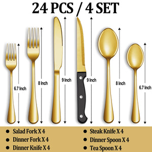 24 Pcs Silverware Set with Steak Knives Service for 4,Stainless Steel Flatware Set,Mirror Polished Cutlery Utensil Set,Home Kitchen Eating Tableware Set,Include Fork Knife Spoon Set,Dishwasher Safe