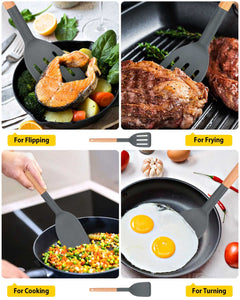 Pack of 2 Silicone Cooking Spatula, Heat Resistant Solid Turner, Non Stick Slotted Spatulas with Wooden Short Handle,Ideal Wood Kitchen Utensils Set for Frying, Baking, Flipping, Turning
