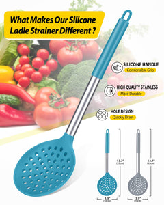Kitchen Ladle Strainer Set of 2 Large Slotted Spoon with High Heat Resistant BPA Free Non Stick Cooking Skimmers For Draining and Frying (Grey and Teal Blue)