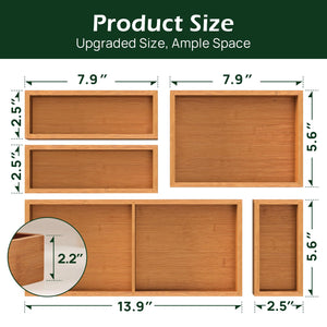 5-Piece Bamboo Drawer Organizer Set, 2.2" Deep | Multi-Use Organizers with Non-Slip Feet for Utensils, Silverware, Cutlery, Desk, Bathroom, Junk Drawer & Makeup, Non-Slip Feet Included.