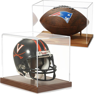 JupDec Football & Mini Helmet Display Case, Large Clear Acrylic Shadow Box with UV Protection Wooden Showcase,Idea Gift for Sports Fans
