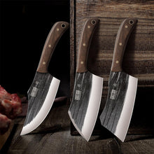 Load image into Gallery viewer, Butcher Knife Set, Hand Forged Butcher Chef Knife Set with Roll Bag, Sharp Meat Cleaver Knife &amp; Bone Chopper Knives &amp; Fillet Knives for Home &amp; Camping &amp; BBQ Gift for Men