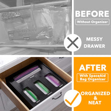 Load image into Gallery viewer, SpaceAid Bag Storage Organizer for Kitchen Drawer, Bamboo Organizer, Compatible with Gallon, Quart, Sandwich and Snack Variety Size Bag (1 Box 4 Slots)