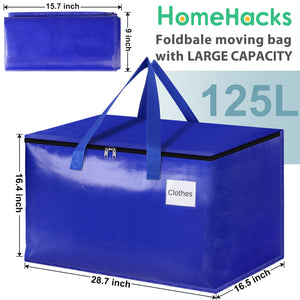 HomeHacks Moving Bags, 8-Pack Heavy Duty with Strong Zippers and Handles Collapsible Moving Supplies, Storage Totes for Packing & Moving Storing 93L-8 Pack (Blue)