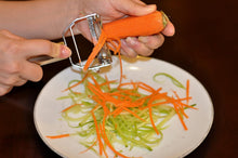 Load image into Gallery viewer, Brieftons Julienne Peeler/Cutter/Slicer: Serrated Stainless Steel Fruit/Vegetable Peeler &amp; Julienne Slicer