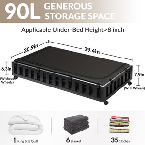 2 Pack Bamboo Under Bed Storage with Wheels, 39”x20”x7.8” Lager Under Bed Storage Containers (Brown)
