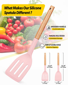 Pack of 2 Silicone Cooking Spatula, Heat Resistant Solid Turner, Non Stick Slotted Spatulas with Wooden Short Handle,Ideal Wood Kitchen Utensils Set for Frying, Baking, Flipping, Turning