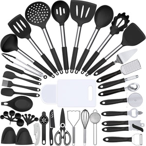 Silicone Cooking Utensil Set, Umite Chef 43 PCS Heat Resistant Kitchen Utensil Gadgets Set-Stainless Steel Handle- Kitchen Spatula Tools for Nonstick Cookware, Pots and Pans Accessories (Khaki)