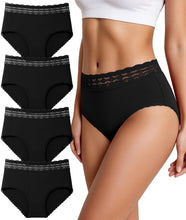 Load image into Gallery viewer, Cotton Underwear for Women High Waisted Lace Panties 4 Pack | Full Coverage Briefs, Soft Lace Waistband, Breathable Fabric, Tagless Design, Ideal for Daily Wear, Travel, and Relaxation