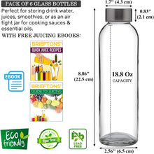 Load image into Gallery viewer, Brieftons Borosilicate Glass Water Bottles With Caps: Clear, 6 Pack, 18 Oz, Heat Resistant, Slim, Easy to Store, Leakproof Lids, Best As Reusable Drinking Bottle, Sauce Jar, Juice Beverage Container