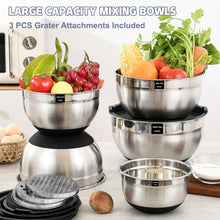 Load image into Gallery viewer, Umite Chef Mixing Bowls with Airtight Lids Set, 8PCS Stainless Steel Khaki Nesting Bowls with Grater Attachments, Kitchen Bowls with Non-Slip Bottoms, Size 5, 4, 3.5, 2, 1.5QT for Mixing &amp; Serving