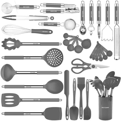 Kitchen Utensils Set-Silicone Cooking Utensils-33pcs Non-Stick Silicone Cooking Kitchen Utensils Spatula Set with Holder-Best Kitchen Cookware with Stainless Steel Handle (Khaki)
