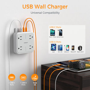 Multi Plug Outlet Extender, TESSAN Surge Protector Splitter with 3 USB (1 USB C Port) Wall Charger, Multiple Expander for Travel, Home, College Dorm Room