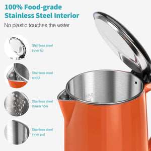 Secura Original Stainless Steel Double Wall Electric Water Kettle 1.8 Quart with Auto Shut-Off & Boil-Dry Protection, Black Onyx SWK-1701DA/HB-3227B