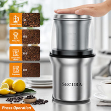 Load image into Gallery viewer, Secura Electric Coffee Grinder and Spice Grinder with 2 Stainless Steel Blades Removable Bowls