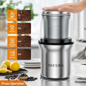 Secura Electric Coffee Grinder and Spice Grinder with 2 Stainless Steel Blades Removable Bowls