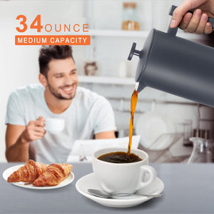 Secura French Press Coffee Maker, 304 Grade Stainless Steel Insulated Coffee Press with 2 Extra Screens, 34oz (1 Litre), Silver