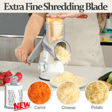 Load image into Gallery viewer, Rotary Cheese Grater Hand Crank Cheese Shredder for Fresh Cheese, Vegetable, Nuts,Non-slip Suction Base, Free Cleaning Brush Three Blades, Black