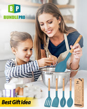 Load image into Gallery viewer, Pack of 4 Silicone Cooking Utensils Set, Non Stick Solid Spatulas and Heat Resistant Slotted Spoons with Wooden Handle, Ideal Wood Kitchen Utensils Set for Frying,Serving,Turning,Stirring (KHAKI)