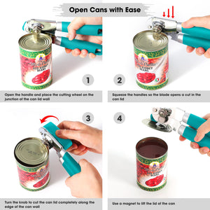Beneno Can Opener Manual with Magnet, Hand Held Heavy Duty Can Opener with Durable Sharp Blade Smooth Edge, Big Effort-Saving Knob, Soft Grip Rubber Handle, Multifunctional Bottle Opener, Green